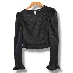 DO+BE‎ Black Ruffle Hem Blouse Long Sleeve Puff Shoulder Top Women's Small